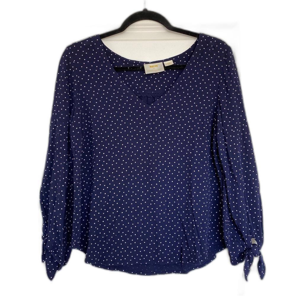 Anthropologie Maeve Pernille Polka Dot Navy Blue Tie Sleeve